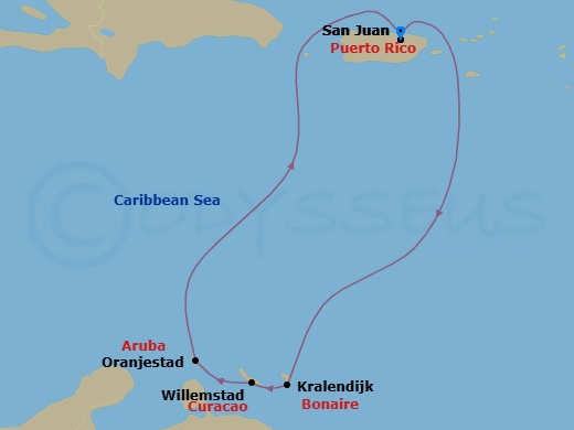 Route map: San Juan, Puerto Rico → Kralendijk, Bonaire → Willemstad, Curacao → Oranjestad, Aruba → San Juan, Puerto Rico