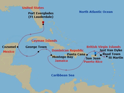 Route map: San Juan → Marigot, St. Martin → Road Town → Jost Van Dyke (British Virgin Islands) → Punta Cana → Montego Bay → George Town (Grand Cayman) → Cozumel Quintana Roo → Fort Lauderdale
