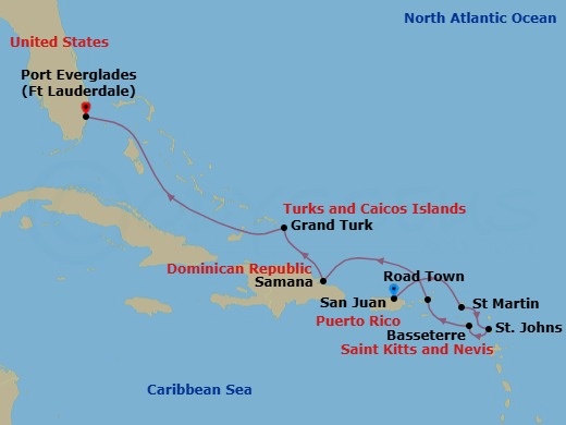 Route map: San Juan → Marigot, St. Martin → St. John's → St. Kitts (Basseterre) → Road Town → Samana → Grand Turk → Fort Lauderdale