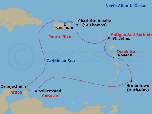 Route map: San Juan, Puerto Rico → Oranjestad, Aruba → Willemstad, Curacao → Bridgetown, Barbados → Roseau, Dominica → St. Johns, Antigua → Charlotte Amalie, St. Thomas → San Juan, Puerto Rico