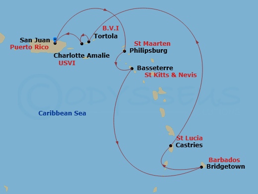 Route map: San Juan, Pr → Philipsburg St  Maarten, Netherland Antilles → Basseterre, Saint Kitts - Nevis → Bridgetown, Barbados → St Lucia, Saint Lucia → Tortola, British Virgin Islands → St Thomas, Vi → San Juan, Pr