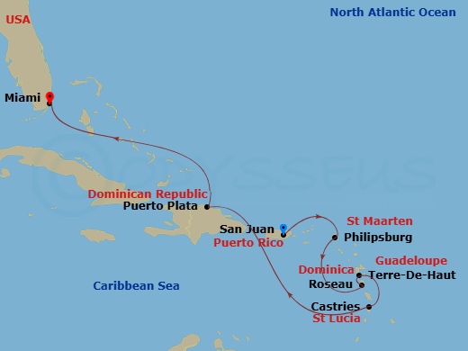 Route map: San Juan → St. Maarten/Philipsburg → Terre-De-Haut → St. George's (Grenada) → Castries → Puerto Plata, Dominican Republic → Miami