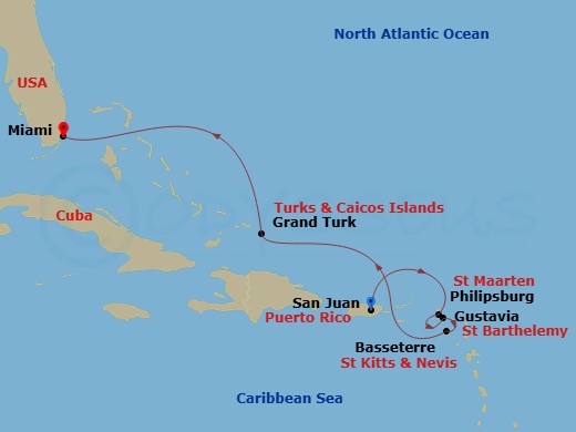 Route map: San Juan → St. Maarten/Philipsburg → Gustavia → Basseterre → Grand Turk → Miami