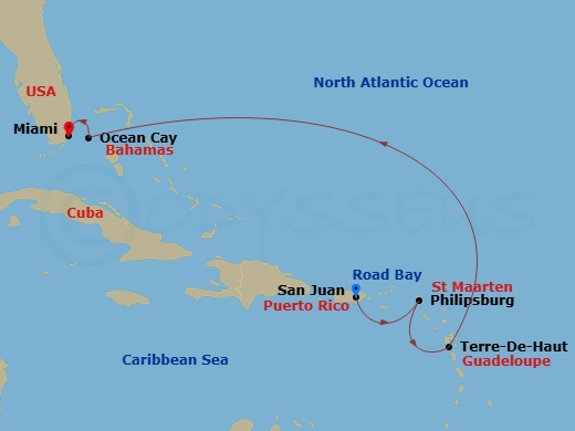 Route map: San Juan → St. Maarten/Philipsburg → Terre-De-Haut → Road Bay → Ocean Cay → Miami