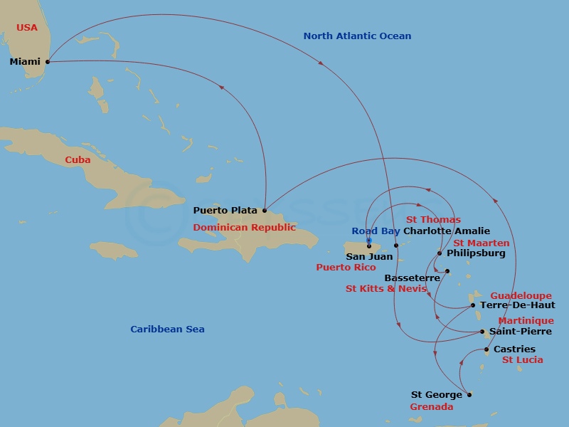 Route map: San Juan → St. Maarten/Philipsburg → Terre-De-Haut → St. George's (Grenada) → Castries → Puerto Plata, Dominican Republic → Miami → Charlotte Amalie (Saint Thomas) → Road Bay → Saint-Pierre