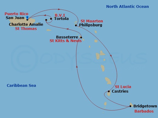 Route map: San Juan, Pr → Philipsburg St  Maarten, Netherland Antilles → St Lucia, Saint Lucia → Bridgetown, Barbados → Basseterre, Saint Kitts - Nevis → St Thomas, Vi → Tortola, British Virgin Islands → San Juan, Pr