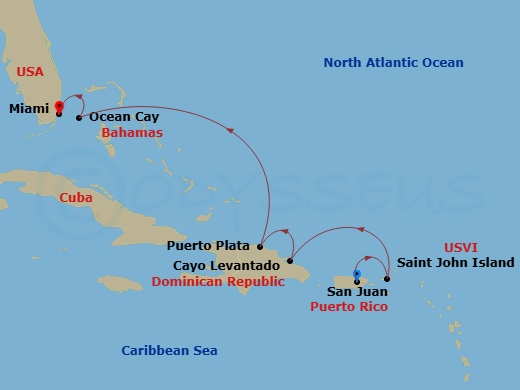 Route map: San Juan → Saint John/Cruz Bay → New Year Fireworks Sju → Cayo Levantado, Dominican Republic → Puerto Plata, Dominican Republic → Ocean Cay → Miami