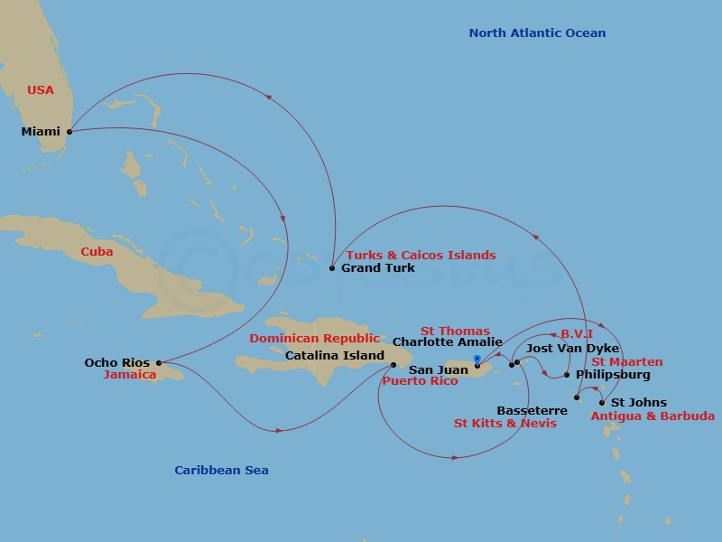 Route map: San Juan → Road Bay → St. John's (Antigua) → Basseterre → Grand Turk → Miami → Ocho Rios → Isla Catalina → Jost Van Dyke → St. Maarten/Philipsburg