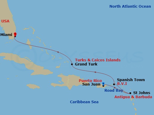 Route map: San Juan → St. John's (Antigua) → Road Bay → Spanish Town (Virgin Gorda) → Grand Turk → Miami