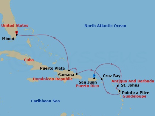 Route map: San Juan → St. John's (Antigua) → Pointe-A-Pitre → Saint John/Cruz Bay → New Year Fireworks Sju → Samana → Puerto Plata, Dominican Republic → Miami