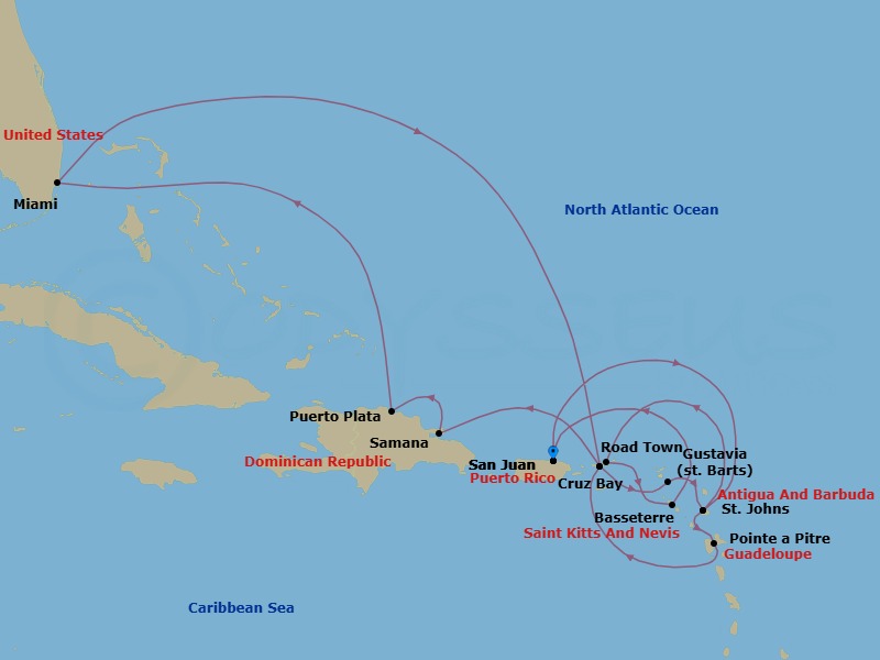 Route map: San Juan → St. John's (Antigua) → Pointe-A-Pitre → Saint John/Cruz Bay → New Year Fireworks Sju → Samana → Puerto Plata, Dominican Republic → Miami → Saint John/Cruz Bay → Gustavia