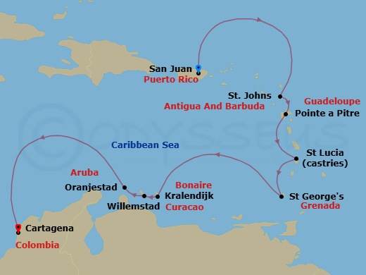 Route map: San Juan → St. John's → Pointe-a-Pitre, French West Indies → Castries (St. Lucia) → St George's → Kralendijk → Willemstad → Oranjestad, Aruba → Cartagena