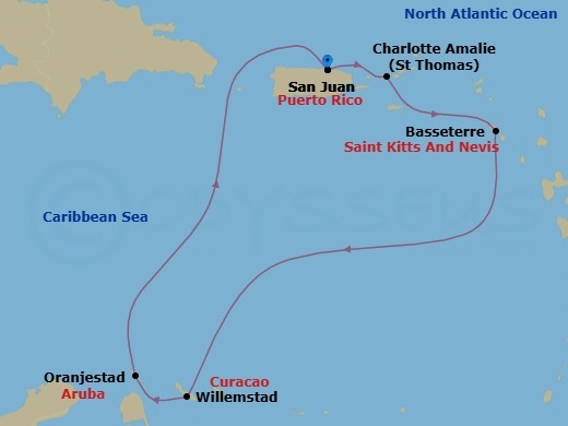 Route map: San Juan, Puerto Rico → Charlotte Amalie, St. Thomas → Basseterre, St Kitts & Nevis → Willemstad, Curacao → Oranjestad, Aruba → San Juan, Puerto Rico