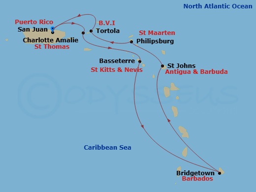Route map: San Juan, Pr → St Thomas, Vi → Basseterre, Saint Kitts - Nevis → Bridgetown, Barbados → St  Johns  Antigua → Philipsburg St  Maarten, Netherland Antilles → Tortola, British Virgin Islands → San Juan, Pr