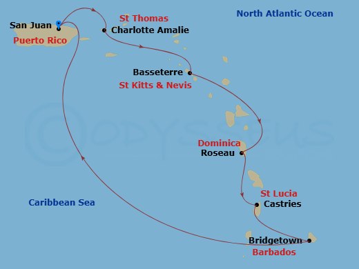 Route map: San Juan, Puerto Rico → Charlotte Amalie, St. Thomas → Basseterre, St Kitts & Nevis → Roseau, Dominica → Castries, St. Lucia → Bridgetown, Barbados → San Juan, Puerto Rico
