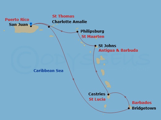 Route map: San Juan, Puerto Rico → Charlotte Amalie, St. Thomas → Bridgetown, Barbados → Castries, St. Lucia → St. Johns, Antigua → Philipsburg, St. Maarten → San Juan, Puerto Rico