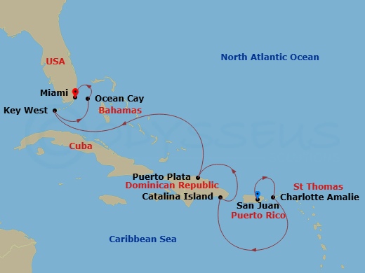 Route map: San Juan → Charlotte Amalie (Saint Thomas) → Isla Catalina → Puerto Plata, Dominican Republic → Key West → Ocean Cay → Miami