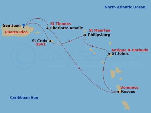 Route map: San Juan, Puerto Rico → Charlotte Amalie, St. Thomas → Roseau, Dominica → St. Johns, Antigua → Philipsburg, St. Maarten → St. Croix, U.S.V.I. → San Juan, Puerto Rico