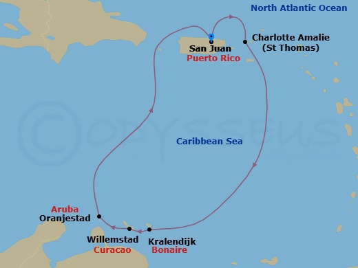 Route map: San Juan, Puerto Rico → Charlotte Amalie, St. Thomas → Kralendijk, Bonaire → Willemstad, Curacao → Oranjestad, Aruba → San Juan, Puerto Rico