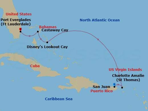 Route map: San Juan → St. Thomas,U.S. Virgin Is → Disney Lookout Cay → Castaway Cay → Port Everglades