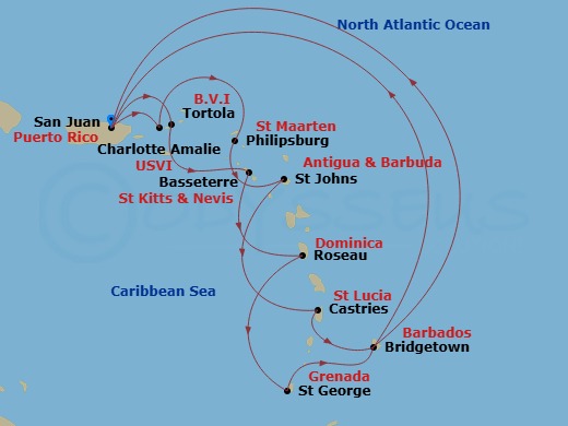 Route map: San Juan, Puerto Rico → St. Thomas, Virgin Islands → St. Maarten → Antigua → St. Lucia → Barbados → San Juan, Puerto Rico → Tortola, British Virgin Islands → St. Kitts → Dominica