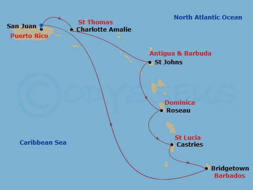 Route map: San Juan, Puerto Rico → Charlotte Amalie, St. Thomas → St. Johns, Antigua → Roseau, Dominica → Castries, St. Lucia → Bridgetown, Barbados → San Juan, Puerto Rico
