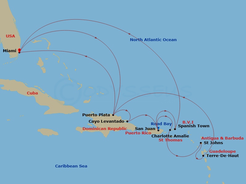 Route map: San Juan → Charlotte Amalie (Saint Thomas) → St. John's (Antigua) → Terre-De-Haut → Puerto Plata, Dominican Republic → Miami → Puerto Plata, Dominican Republic → Cayo Levantado, Dominican Republic → San Juan → Spanish Town (Virgin Gorda)