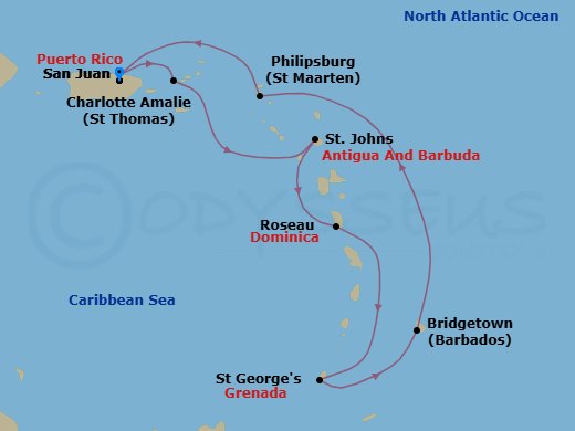 Route map: San Juan, Puerto Rico → Charlotte Amalie, St. Thomas → St. Johns, Antigua → Roseau, Dominica → St. George's, Grenada → Bridgetown, Barbados → Philipsburg, St. Maarten → San Juan, Puerto Rico