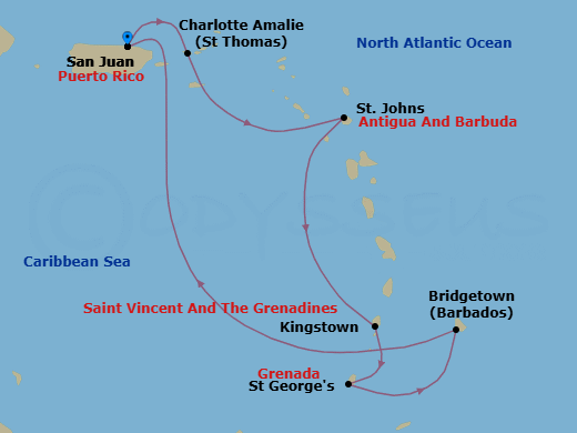 Route map: San Juan, Puerto Rico → Charlotte Amalie, St. Thomas → St. Johns, Antigua → Kingstown, St. Vincent → St. George's, Grenada → Bridgetown, Barbados → San Juan, Puerto Rico