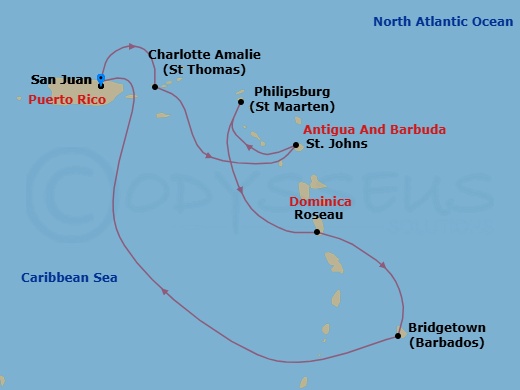 Route map: San Juan, Puerto Rico → Charlotte Amalie, St. Thomas → St. Johns, Antigua → Philipsburg, St. Maarten → Roseau, Dominica → Bridgetown, Barbados → San Juan, Puerto Rico