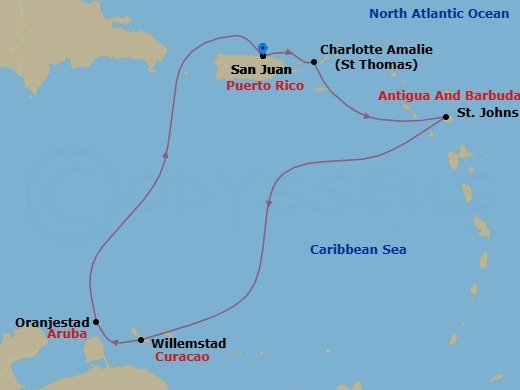 Route map: San Juan, Puerto Rico → Charlotte Amalie, St. Thomas → St. Johns, Antigua → Willemstad, Curacao → Oranjestad, Aruba → San Juan, Puerto Rico