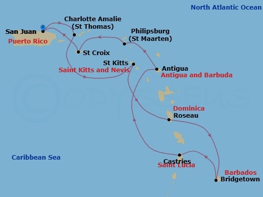 Route map: San Juan → St Thomas (Charlotte Amalie) → St Kitts (Basseterre) → Roseau → Bridgetown → Castries → Antigua (St Johns) → Philipsburg → St Croix (Frederiksted) → San Juan