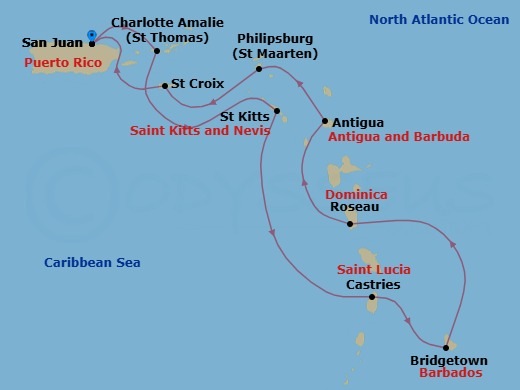 Route map: San Juan → St Thomas (Charlotte Amalie) → St Kitts (Basseterre) → Castries → Bridgetown → Roseau → Antigua (St Johns) → Philipsburg → St Croix (Frederiksted) → San Juan