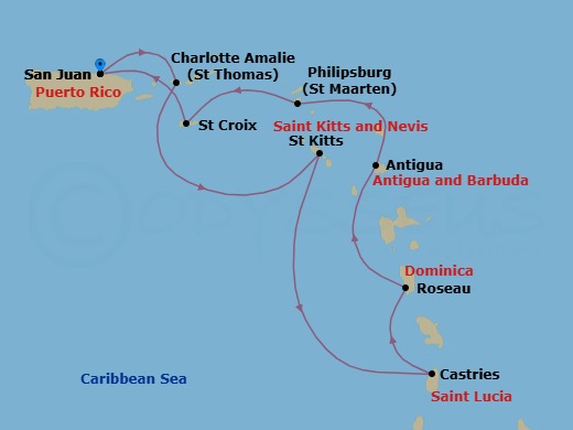 Route map: San Juan → St Thomas (Charlotte Amalie) → St Kitts → Castries → Roseau → Antigua → St Maarten (Philipsburg) → St Croix, Usvi → San Juan