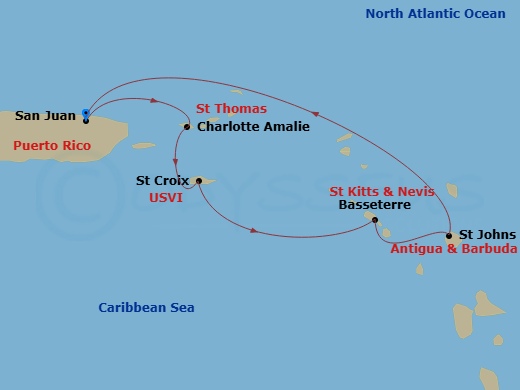 Route map: San Juan, Puerto Rico → Charlotte Amalie, St. Thomas → St. Croix, U.S.V.I. → Basseterre, St Kitts & Nevis → St. Johns, Antigua → San Juan, Puerto Rico