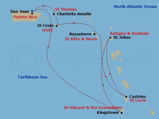 Route map: San Juan, Puerto Rico → Charlotte Amalie, St. Thomas → St. Croix, U.S.V.I. → Basseterre, St Kitts & Nevis → Castries, St. Lucia → St. Johns, Antigua → Kingstown, St. Vincent → San Juan, Puerto Rico