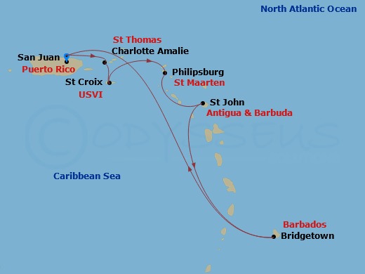 Route map: San Juan, Puerto Rico → Charlotte Amalie, St. Thomas → St. Croix, U.S.V.I. → Philipsburg, St. Maarten → St. Johns, Antigua → Bridgetown, Barbados → San Juan, Puerto Rico
