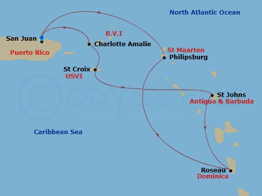 Route map: San Juan, Puerto Rico → Charlotte Amalie, St. Thomas → St. Croix, U.S.V.I. → St. Johns, Antigua → Roseau, Dominica → Philipsburg, St. Maarten → San Juan, Puerto Rico