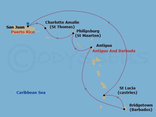 Route map: San Juan, Puerto Rico → St. Thomas, Virgin Islands → St. Maarten → Antigua → Barbados → St. Lucia → San Juan, Puerto Rico
