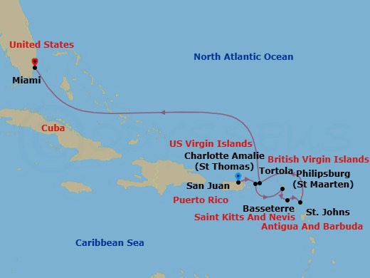 Route map: San Juan → Charlotte Amalie → Philipsburg → Basseterre → St. John's → Tortola → Miami