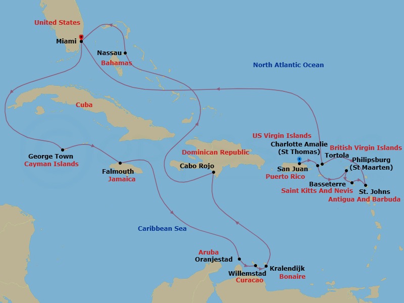 Route map: San Juan → Charlotte Amalie → Philipsburg → Basseterre → St Johns → Tortola → Miami → George Town → Falmouth → Oranjestad