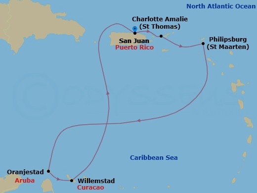 Route map: San Juan, Puerto Rico → Charlotte Amalie, St. Thomas → Philipsburg, St. Maarten → Oranjestad, Aruba → Willemstad, Curacao → San Juan, Puerto Rico