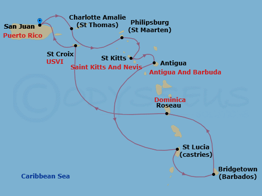 Route map: San Juan → St Thomas (Charlotte Amalie) → Philipsburg → St Kitts (Basseterre) → Antigua (St Johns) → Castries → Bridgetown → Roseau → St Croix (Frederiksted) → San Juan