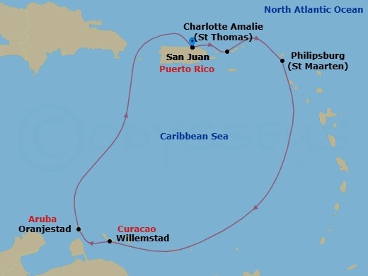 Route map: San Juan, Puerto Rico → Charlotte Amalie, St. Thomas → Philipsburg, St. Maarten → Willemstad, Curacao → Oranjestad, Aruba → San Juan, Puerto Rico