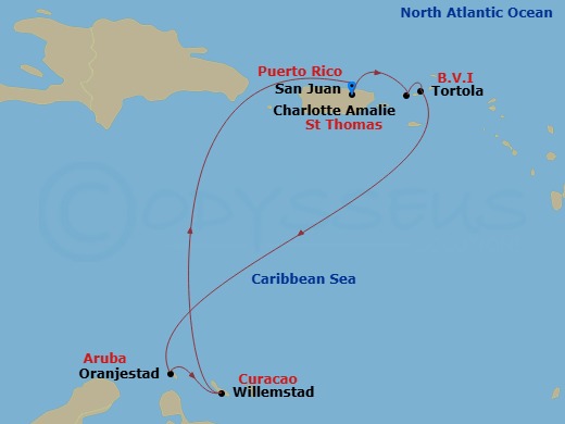 Route map: San Juan, Pr → St Thomas, Vi → Tortola, British Virgin Islands → Oranjestad, Aruba → Willemstad, Netherland Antilles → San Juan, Pr