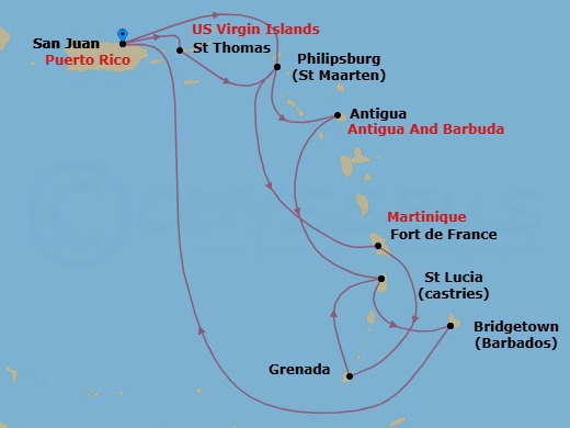 Route map: San Juan, Puerto Rico → St. Thomas, Virgin Islands → St. Maarten → Antigua → St. Lucia → Barbados → San Juan, Puerto Rico → St. Maarten → Martinique → Grenada