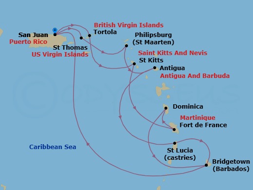 Route map: San Juan, Puerto Rico → St. Thomas, Virgin Islands → St. Maarten → Antigua → St. Lucia → Barbados → San Juan, Puerto Rico → Tortola, British Virgin Islands → St. Kitts → Martinique