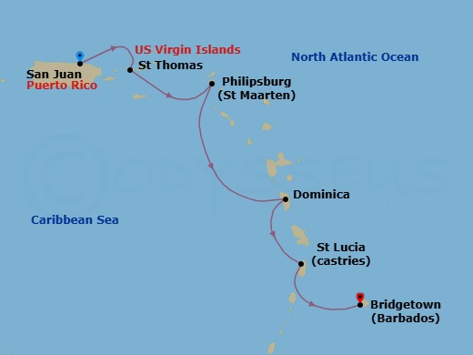 Route map: San Juan, Puerto Rico → St. Thomas, Virgin Islands → St. Maarten → Dominica → St. Lucia → Barbados