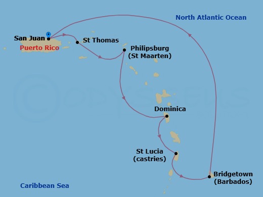 Route map: San Juan, Puerto Rico → St. Thomas, Virgin Islands → St. Maarten → Dominica → St. Lucia → Barbados → San Juan, Puerto Rico