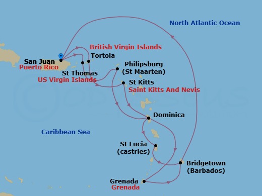 Route map: San Juan, Puerto Rico → St. Thomas, Virgin Islands → St. Maarten → Dominica → St. Lucia → Barbados → San Juan, Puerto Rico → Tortola, British Virgin Islands → St. Kitts → Dominica